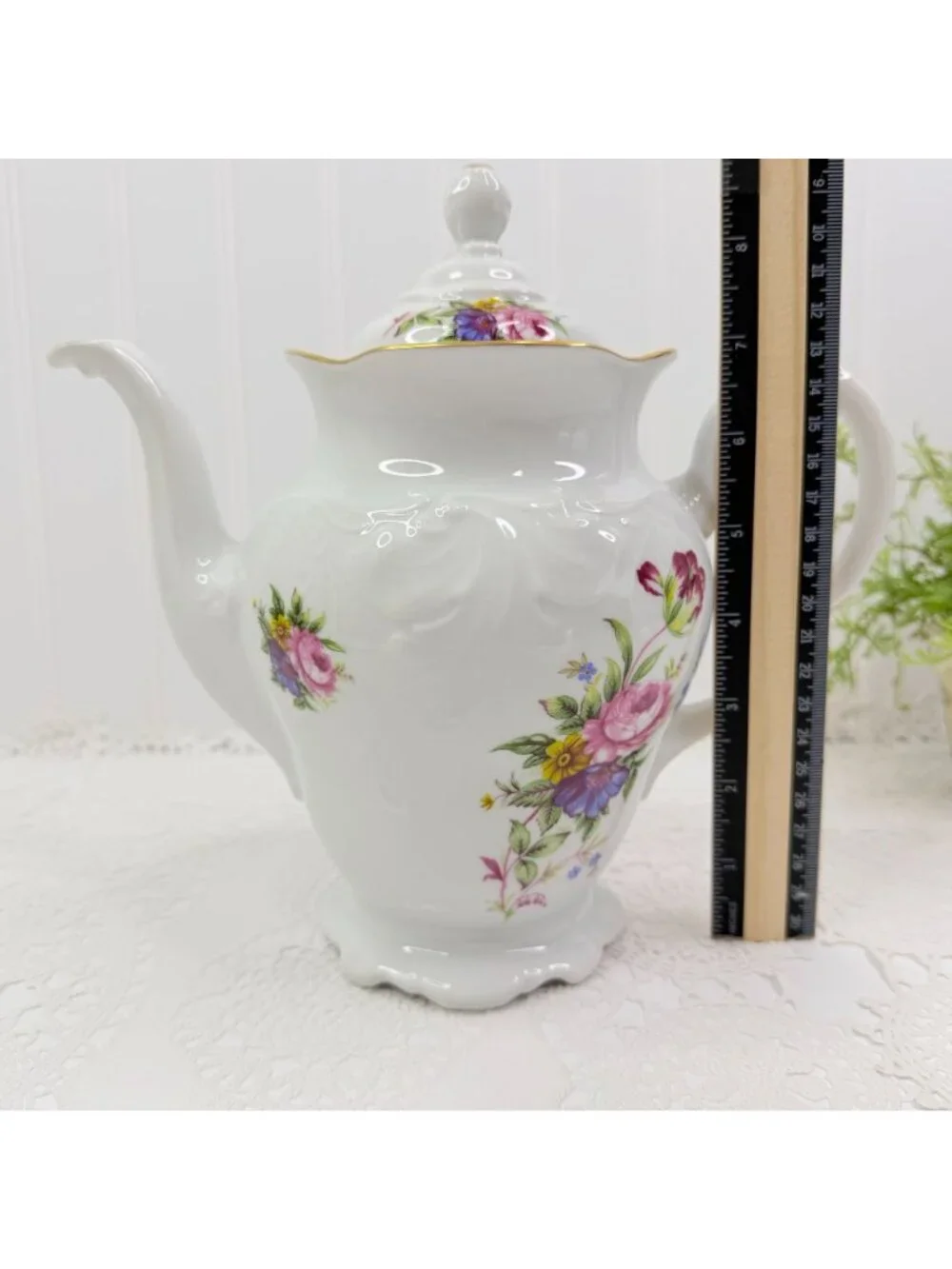 Vtg Royal Kent Poland Floral Teapot Porcelain Coffee Pot Rose Gold Trim Embossed